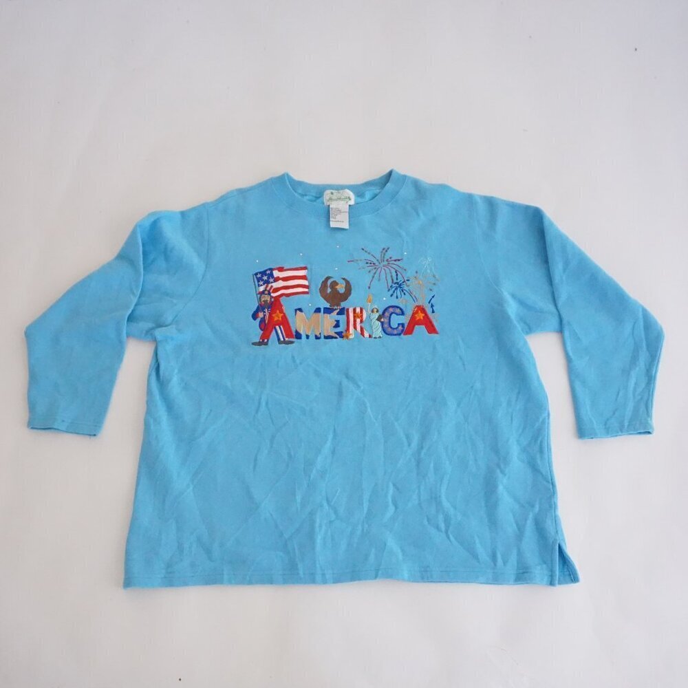 Vintage Quacker Factory Blue Beaded America Flag Eagle Fireworks Sweatshirt 1X